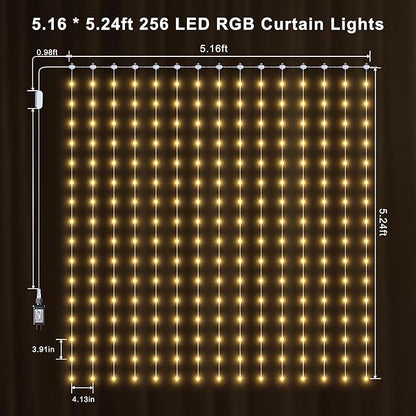 Color Changing Curtain Lights, 256 LED Red White Blue Window Curtain Lights with Remote, 5.16 * 5.24ft Plugin July 4th Window Fairy Light for Christmas July 4th Halloween Bedroom Wedding Home Decor