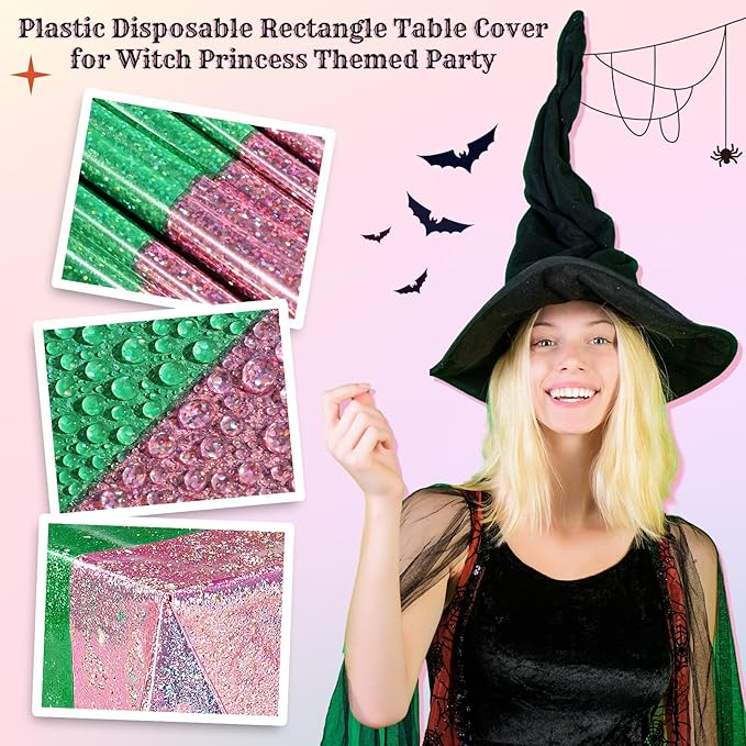 Oudain 2 Pcs Witch Princess Theme Party Pink & Green Holographic Party Tablecloth 54 x 108 Inch Plastic Rectangle Tablecloth Waterproof Table Cover for Witch Princess Theme Birthday Decoration