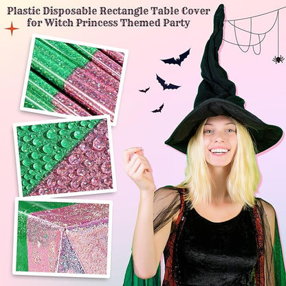Oudain 2 Pcs Witch Princess Theme Party Pink & Green Holographic Party Tablecloth 54 x 108 Inch Plastic Rectangle Tablecloth Waterproof Table Cover for Witch Princess Theme Birthday Decoration