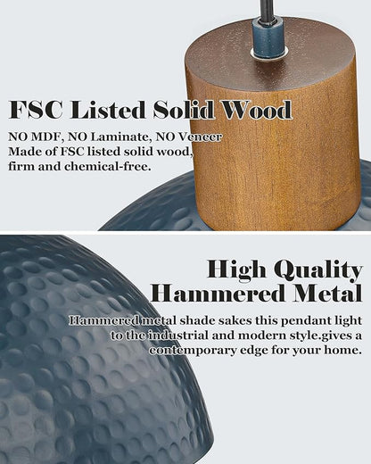 ELYONA Industrial Pendant Light 12" Hammered Metal Dome Hanging Lamp Solid Wood Pendant Light Fixtures for Kitchen Island, Farmhouse, Dining Room, Sink, Bedroom, Hallway, Modern Blue