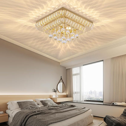 18 inch Crystal Flush Mount Gold Chandelier Remote/APP, Modern Raindrop LED Ceiling Light, 3CCT Dimmable & Brightness Adjustable,Elegant Chandeliers for Bedroom Hallway Dinning Room Living Room