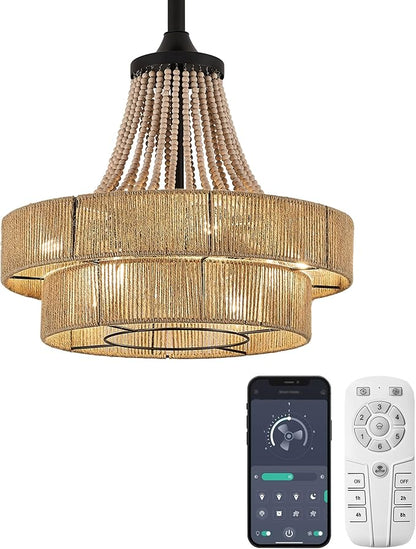 20 inch Boho Chandelier with Fan, Remote and App Control, Double-Layer Drum Shade, 8-Lights Rattan Farmhouse Fandelier for Dining Room, Bedroom, Kitchen