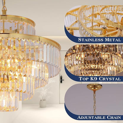 Gold Modern Crystal Chandelier Pendant Ceiling Lights Chandeliers Lighting Fixture for Dining Living Room Foyer Hallway 12-Lights (Dia 24 Inch)