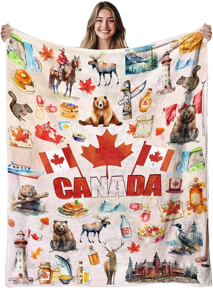 Canadian Blanket Gifts for Women and Men, Canadian Flag Maple Leaf Print Blankets, Cozy Flannel Canadian Themed Blanket for Holiday, Birthday Gifts for Christmas Thanksgiving Day 50x60in