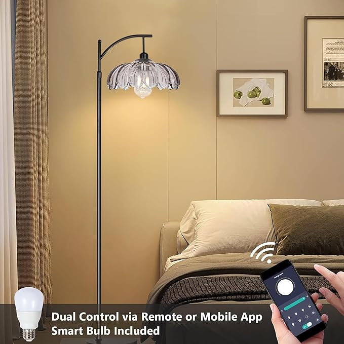 AHDWDW Arc Floor Lamps for Living Room with Remote,Black Dimmable Floor Lamp with Gray Glass Shade,Unique Vintage Flower Standing Tall Lamp,Modern Mid Century Floor Lamps for Bedroom Office Corner