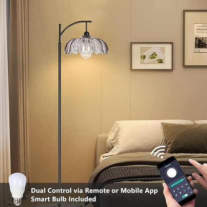 AHDWDW Arc Floor Lamps for Living Room with Remote,Black Dimmable Floor Lamp with Gray Glass Shade,Unique Vintage Flower Standing Tall Lamp,Modern Mid Century Floor Lamps for Bedroom Office Corner
