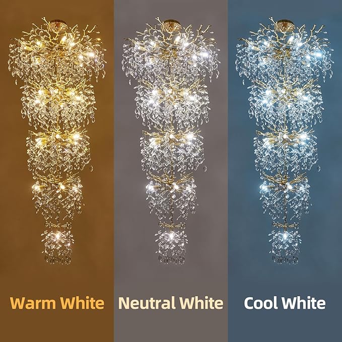 Modern Tree Branch Crystal Chandelier 102" Gold Luxury Large Pendant Lighting 28-Light Contemporary K9 Crystal Chandeliers for Dining Room Kitchen Living Room Foyer Entryway (Gold, H102"-Round)