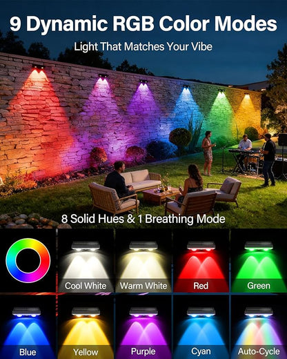 Solar Fence Lights Outdoor, 16 Pack Ultra-Bright 85LM Fence Lights Solar Powered, 9 RGB Color Modes, IP65 Waterproof, 12H Dusk to Dawn Glow for Pool/Deck/Patio/Wall/Backyard - Black