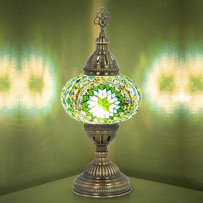 Turkish Mosaic Table Lamp with Bulb – Light Green Handmade Stained Glass Bedside Light, Authentic Turkish Boho Vintage Home Decor with E12 Socket