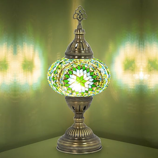Turkish Mosaic Table Lamp with Bulb – Light Green Handmade Stained Glass Bedside Light, Authentic Turkish Boho Vintage Home Decor with E12 Socket