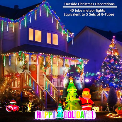 Purtuemy Meteor Shower Lights Outdoor: 40 Tube(Equivalent to 5 Sets of 8-Tubes) Christmas Lights - Waterproof Christmas Halloween Decorations for Yard Outside Tree Roof, Multicolor