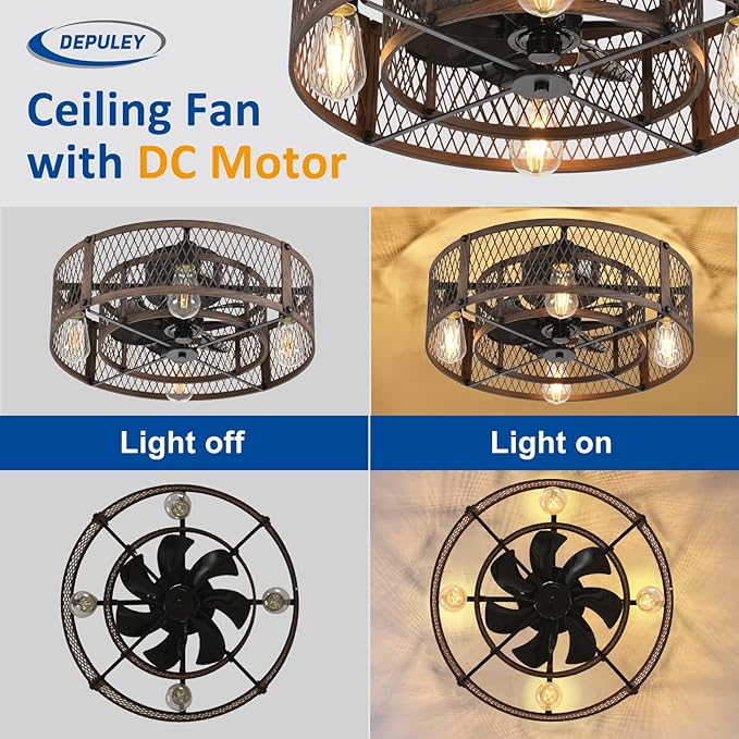 Depuley Flush Mount Ceiling Fan: 20" Caged Ceiling Fans with Lights and Remote App Control for Kitchen Bedroom Farmhouse - Rustic Low Profile Ceiling Fandelier Lights Reversible 6 Speed Timer Walnut