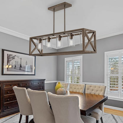 Upgraded Burlywood Dining Room Light Fixture - 5 Light Rectangle Light Fixtures with Clear Glass Shade& Adjustable Height& Thickened Metal Dining Table Lights Fixture Chandeliers for DiningRoom