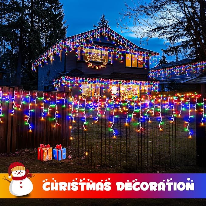 JMEXSUSS 800 LED Christmas Icicle Lights Outdoor Plug-in, Multicolor Waterproof, 8 Modes with 160 Drops for Bedroom House Holiday Party Decorations