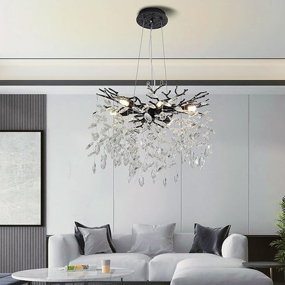 Modern Crystal Tree Branches Chandelier, 18in Black 6 Lights Large Ceiling Hanging Light for Dining Room, Round Raindrop Pendant Light Fixture
