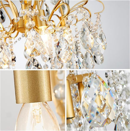 WUZUPS 5-Light Crystal Candle Chandelier Pendant Ceiling Modern Lighting Fixture for Bedroom Hallway Bar Kitchen Bathroom, H 22.8" W19.7, E12 Base, Gold