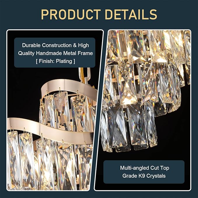 12 Lights 7-Tier K9 Crystal Gold Chandelier 20" Modern Pendant Chandelier Lighting Crystal Light Fixtures for Living Room Dining Room Bedroom Kitchen Foyer Entryway, E12