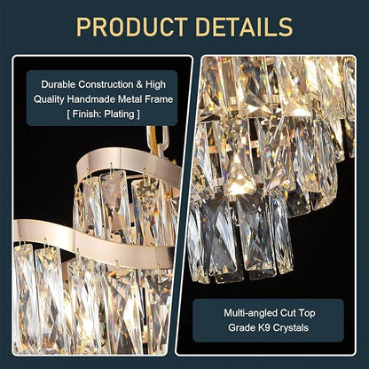12 Lights 7-Tier K9 Crystal Gold Chandelier 20" Modern Pendant Chandelier Lighting Crystal Light Fixtures for Living Room Dining Room Bedroom Kitchen Foyer Entryway, E12