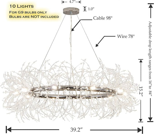 Modern Crystal Silver Chandeliers,Chrome Dining Room Chandelier Light Fixture Round,Large Living room Chandelier,Crystal Ceiling Light Fixture Pendant Hanging for Bedroom Entryway Hallway 39In.