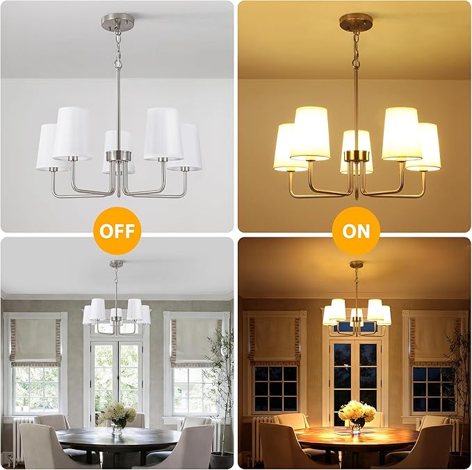 Modern Brushed Nickel 5-Light Chandelier, Farmhouse Industrial Dining Room Light Fixture Over Table with White Fabric Shade, Hanging Pendant Lighting for Kitchen Island Bedroom Living Room Entryway