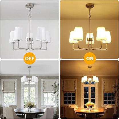 Modern Brushed Nickel 5-Light Chandelier, Farmhouse Industrial Dining Room Light Fixture Over Table with White Fabric Shade, Hanging Pendant Lighting for Kitchen Island Bedroom Living Room Entryway
