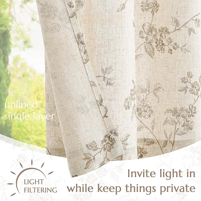 jinchan Floral Linen Kitchen Curtains with Attached Valance 36 Inch Length Farmhouse Cafe Tier Curtains for Living Room Bathroom Rustic Half Window Light Filtering Small Drapes 2 Panels Taupe