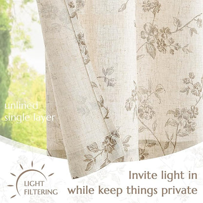 jinchan Floral Linen Kitchen Curtains with Attached Valance 36 Inch Length Farmhouse Cafe Tier Curtains for Living Room Bathroom Rustic Half Window Light Filtering Small Drapes 2 Panels Taupe