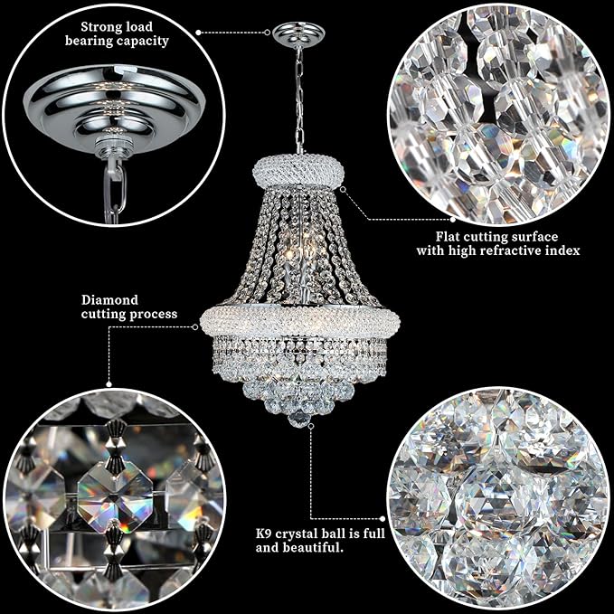 Crystal Chandeliers for Dining Room Light Fixtures Over Table, Empire Style K9 Crystal Chandelier for Living Room, 6 Lights Chrome Luxury Lighting Fixtures for Bedroom Kitchen Island Entryway D15 Inch