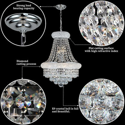 Crystal Chandeliers for Dining Room Light Fixtures Over Table, Empire Style K9 Crystal Chandelier for Living Room, 6 Lights Chrome Luxury Lighting Fixtures for Bedroom Kitchen Island Entryway D15 Inch
