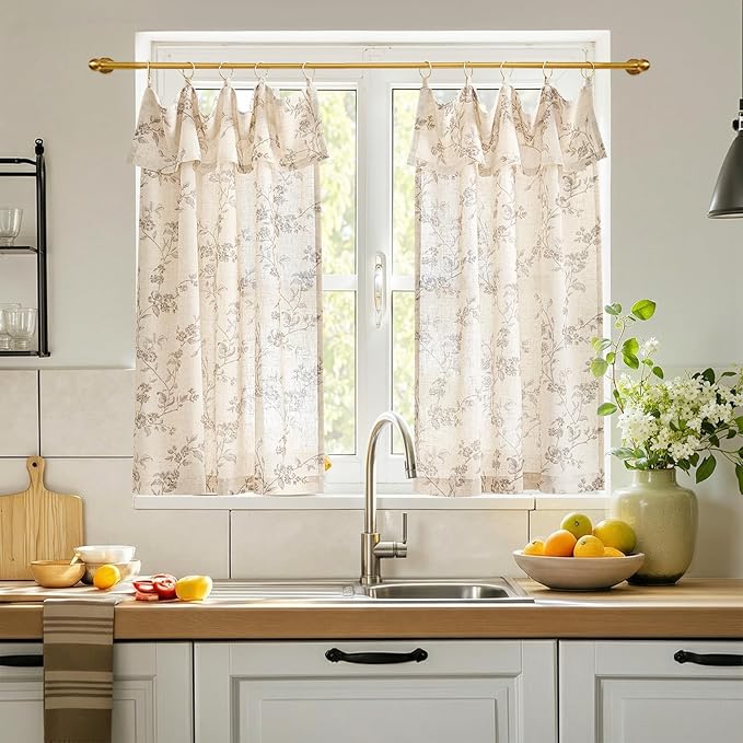 jinchan Floral Linen Kitchen Curtains with Attached Valance 36 Inch Length Farmhouse Cafe Tier Curtains for Living Room Bathroom Rustic Half Window Light Filtering Small Drapes 2 Panels Taupe