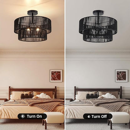 15.7'' Black Boho Light Fixtures Ceiling Mount Coastal Hemp Rope Semi Flush Mount Ceiling Light Fixture 3-Light Rattan Light Fixtures with 2-Tier Drum Shade for Dining Room Kitchen Entry