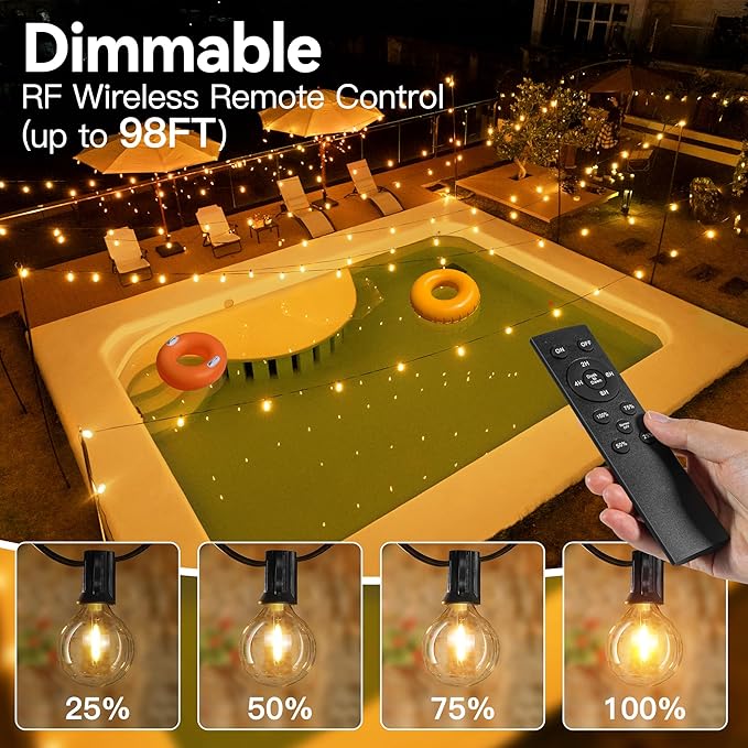 Outdoor String Lights with Remote Dimmer, 50 + 3 Spare G40 LED Bulbs Plug in Connectable Patio Lights, Waterproof Hanging Lights for Backyard Camping Balcony Yard Deck Party(100FT)