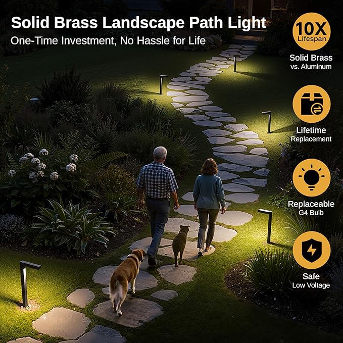 Gardenreet Low Voltage Pathway Lights Brass, LED Landscape Path Lights, Yard Lights Outdoor Waterproof IP65, 12V Wired L Shape Black for Garden Walkway Without G4 Bulb 4 Pack