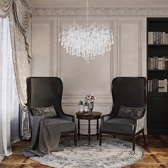 Chandeliers for Dining Room - 31.5" Modern Silver Crystal Chandelier, Round Tree Branch Raindrop Chandelier, Foyer Chandeliers for Entryway, Living Room,Bedrooms,Bathroom(Bulb not Included)
