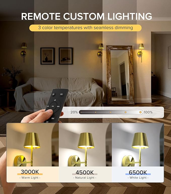 UME Wireless Sconces Set of 2 with Remote, 5200mAh Battery Powered Sconces - Small Rechargeable Sconces w/ 3 Color Temps & 5 Brightness Levels for Bedroom, Living Room, Wall Painting, Cafe(Gold)