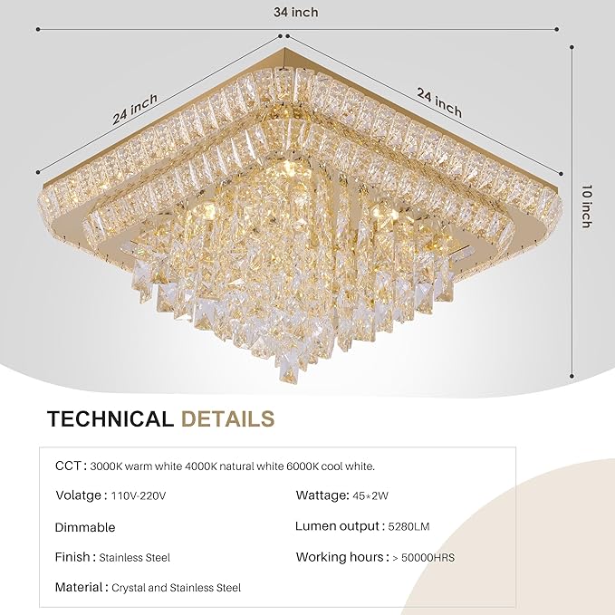 COCOSTAR Crystal Chandeliers, Modern Led Luxury Chandelier, 34" Suqare Flush Mount Chandelier Ceiling Light, Raindrop Chandeliers for Dining Room, Living Room, Bedroom, Gold
