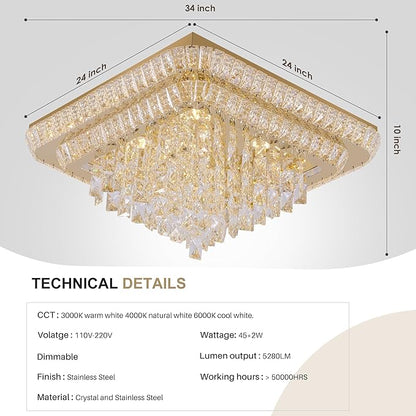 COCOSTAR Crystal Chandeliers, Modern Led Luxury Chandelier, 34" Suqare Flush Mount Chandelier Ceiling Light, Raindrop Chandeliers for Dining Room, Living Room, Bedroom, Gold