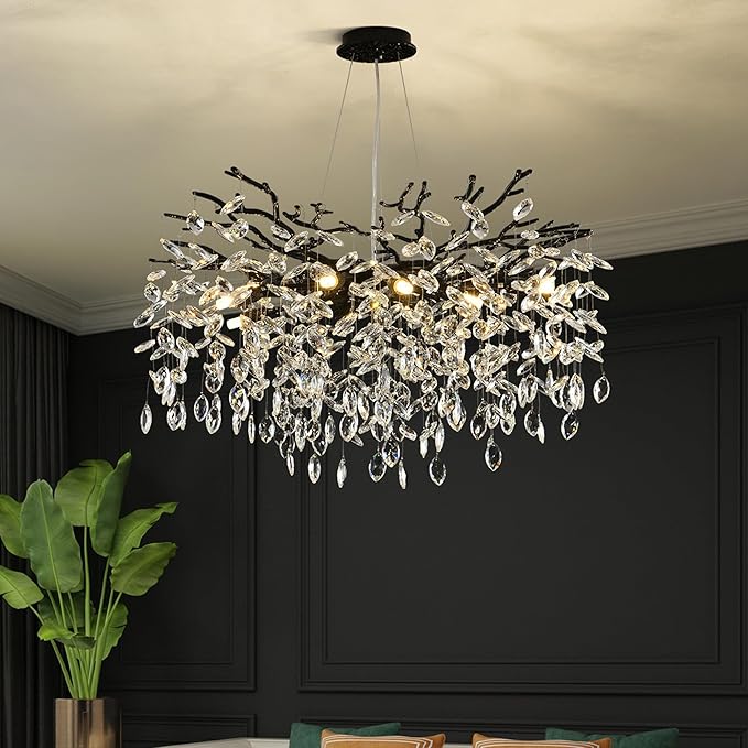 Modern Crystal Tree Branch Chandelier, Black Round Art Deco Pendant Light Raindrop Lighting Fixture for Dining Room Bedroom Foyer 8 Lights D23.7''