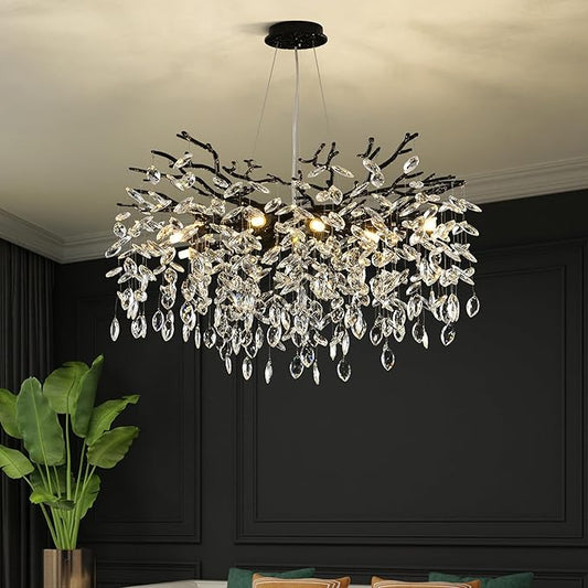 Modern Crystal Tree Branch Chandelier, Black Round Art Deco Pendant Light Raindrop Lighting Fixture for Dining Room Bedroom Foyer 8 Lights D23.7''