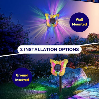 Solar Butterfly Lights Outdoor-Color-Changing 3D Glow-2-in-1 Wall & Ground-Butterfly Lights for Outside-Waterproof Garden Decorations for Patio Lawn Yard Fence Backyard Decor (1 Pack)