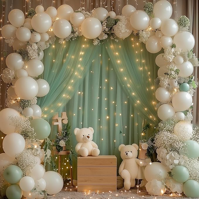 Fomcet Tulle Curtains with Lights String Green 10FT X 8FT Sheer Backdrop Curtains for Parties Wedding Baby Shower Photo Shoot Decorations (2 Panels 5x8FT)