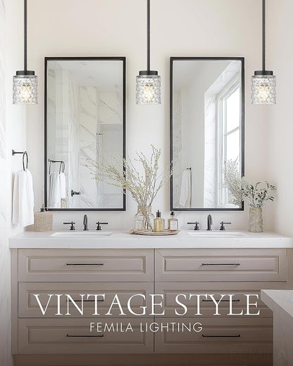 FEMILA 4.3" Pendant Lights Kitchen Island, Hammered Glass Hanging Light Fixture, Matte Black Finish, 4FY86MIL BK