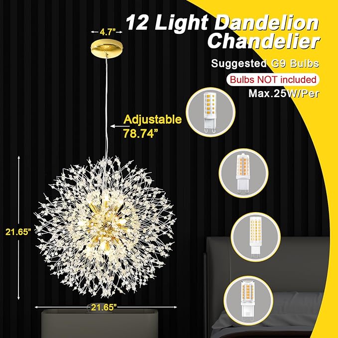 Qamra Modern Crystal Gold Chandeliers, Firework Dandelion Sputnik Chandelier Light Fixture Pendant Lighting for Dining Room, Bedroom, Kitchen, Living Room(12-Light, Gold)