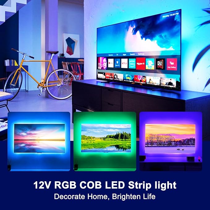 Pandery RGB COB LED Strip Light with Remote and app Control,Music Synchronized Color Change 24V RGB led Strip,16.4FT/5M,10mm Wide,Indoor RGB Lights for Bedroom,Game Room,Bar,Party