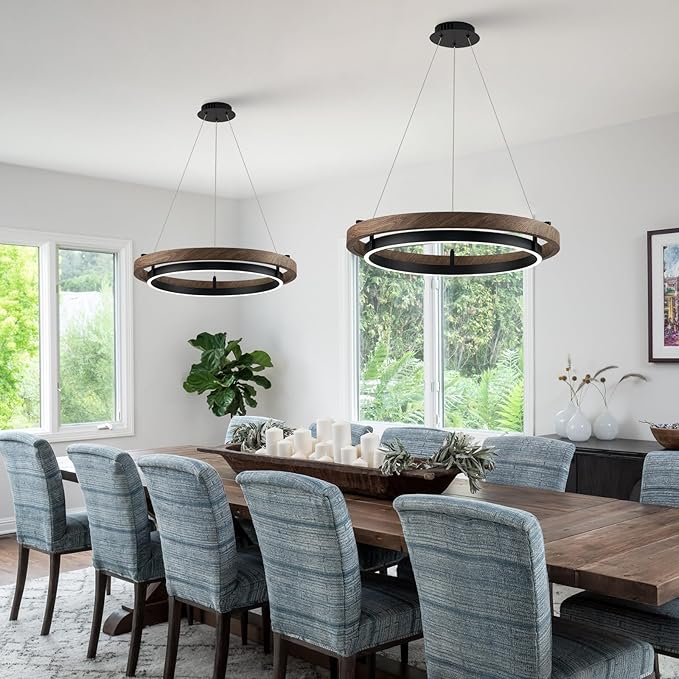 LED Ring Chandelier Dimmable Black Chandelier Round Foyer Chandeliers Light Walnut Wood Black Circular Chandeliers for Dining Room Entry Bedroom Office Living Room, 24in