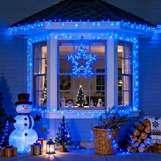 JMEXSUSS 163 FT 500 LED Blue Christmas Lights Outdoor, Waterproof Blue String Light Plug in, 8 Modes Clear Wire Christmas String Lights for Tree Yard Patio House Party Decorations