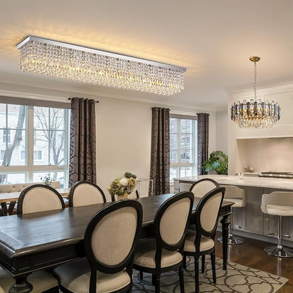 7PM Rectangular Chandelier, Modern Dining Room Light Fixture with Raindrop Chandelier Crystals, 13-Light Flush Mount Rectangle Chandelier for Dining Room Kitchen,Chrome Finish L59'' x W10'' x H9''