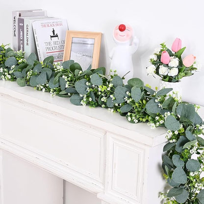 Waipfaru 2Pcs Eucalyptus Garland, 5.9FT Greenery Garland, Green Garland with Flowers, Artificial Faux Silver Dollar Eucalyptus Leaves Vines for Table Home Wedding Mantle Party Indoor Outdoor Decor