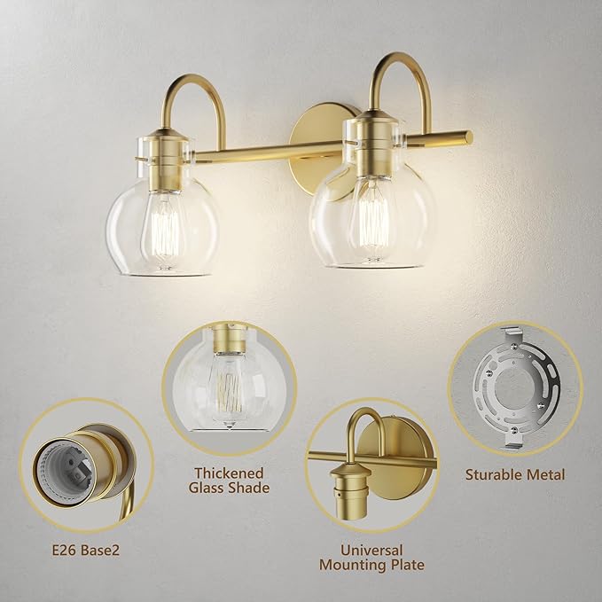 2-Light Gold Bathroom Light Fixture, Modern Bathroom Vanity Light Over Mirror Two Light Brushed Gold Vanity Lights for Wall Sconce Lighting, E26 Base,Gold