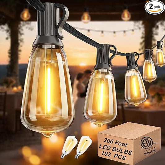 DAMAING Outdoor String Lights 200 FT Waterproof Patio Lights with 102 ST38 Shatterproof LED Bulbs, Dimmable Vintage Edison String Lights for Outside House Backyard Porch Gazebo Party,2-Pack x 100ft